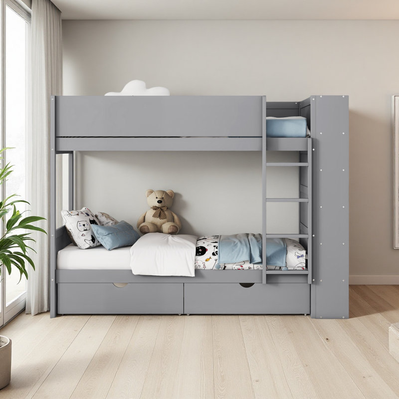 Lit superposé avec 2 tiroirs et armoire à couches multiples, Gris, Simple sur simple