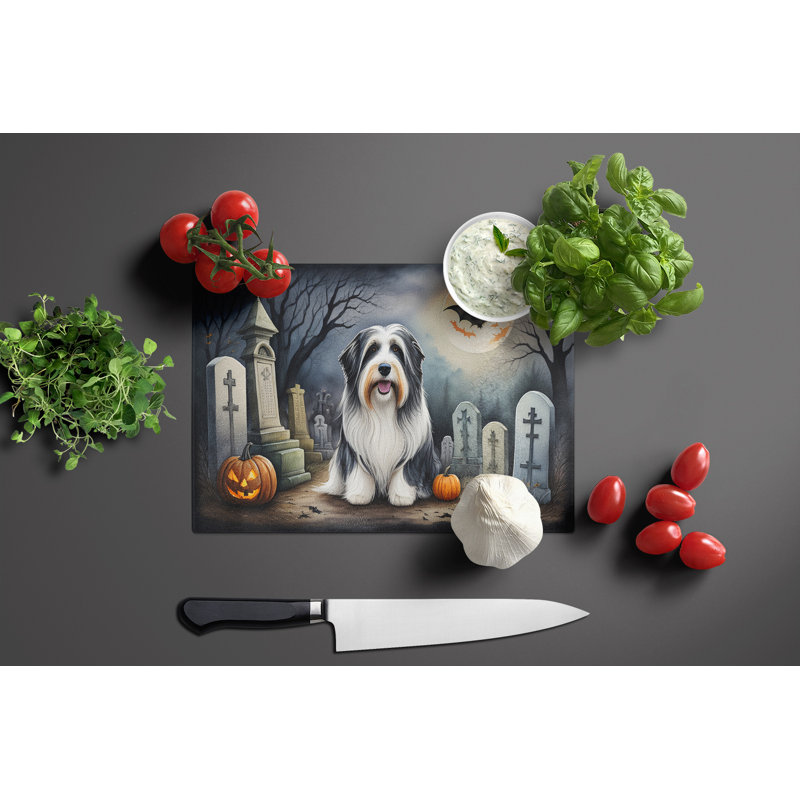 Bearded Collie Spooky Halloween Glass Cutting Board Large