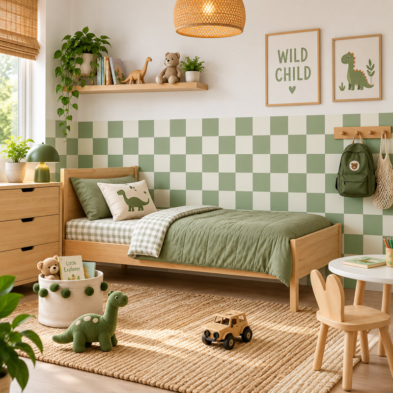 120-Inch Wide Two-Tone Green and Cream Checkered Half-Wall Decal, 48-Inch High, 120" W x 48" H, Two-Tone Green and Cream