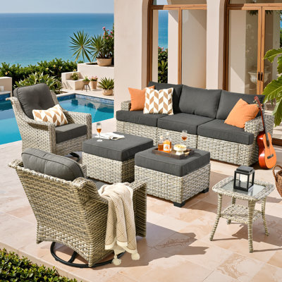 Ensemble de conversation d'extérieur pour 5 personnes, canapé de patio en osier et fauteuil pivotant avec coussins Wahkon