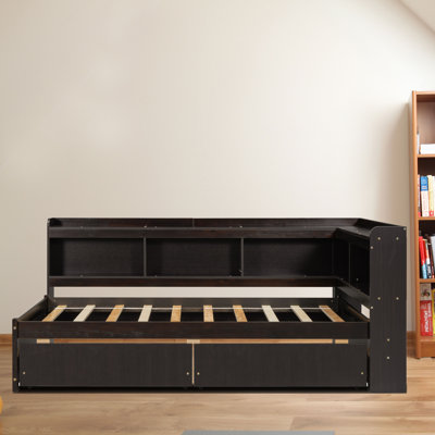 Modern minimalist daybed with open storage compartments and drawers, electrical outlets, USB charging port for bedroom guest room living room