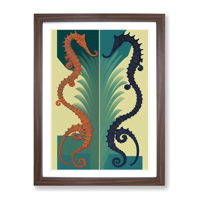 Two Seahorses - Wall Art, 48cm H x 36cm W, Walnut Picture Frame, White