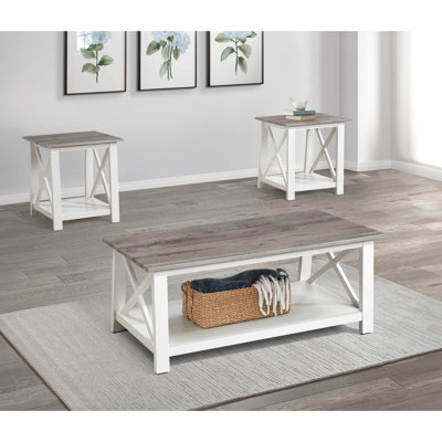 Ensemble de 3 tables basses contemporaines rectangulaires et carrées au fini brun blanc pour salon Modern