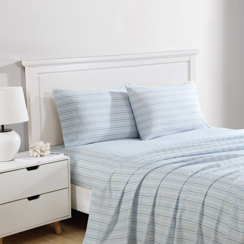 Martha Stewart Bedford Scallop Bath Rug, Twin Sheet Set with 1 Pillowcase, Vivid Stripe Blue