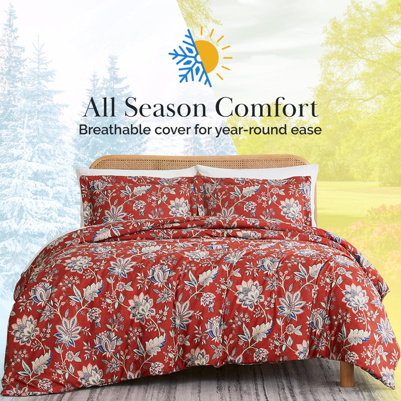 Jacobean Willow oversized duvet cover set, Full Duvet Cover + 2 Standard Shams, Red