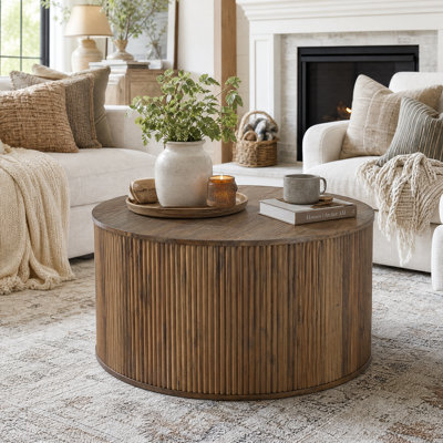 Table basse ronde 31,5 "avec base cylindrique cannelée, centre de table moderne en bois de style campagnard pour le salon