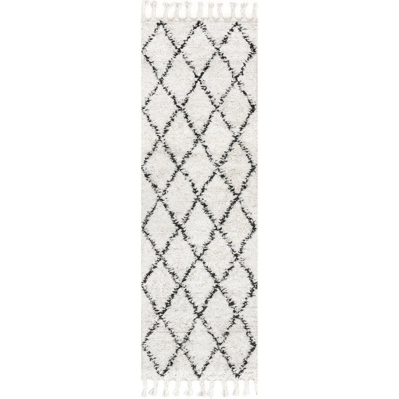 Twinar Geometric Hand Knotted Wool Off White/Dark Gray Shag Area Rug, Runner 2'8" x 12'