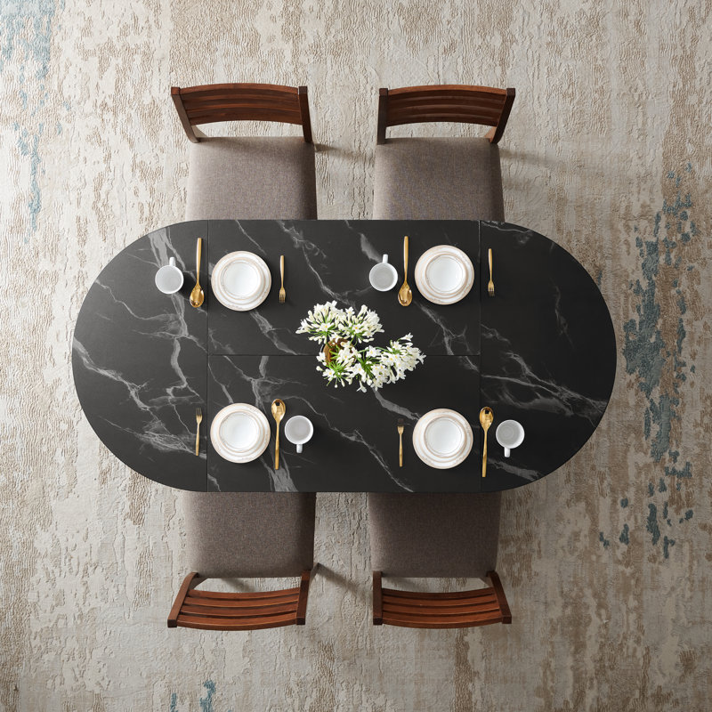 63" Fluted Oval Dining Table Double Pedestal Kitchen Table For 4-6 With Thickened Edge & Semi-cylindrical Base, Black/Walnut