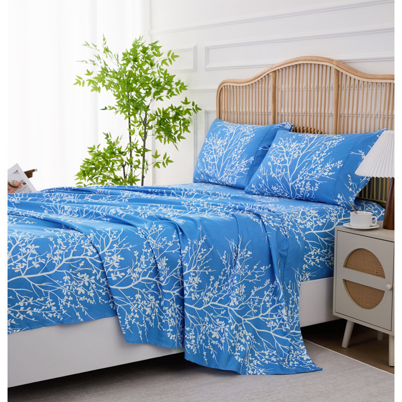 Microfiber Floral Sheet Set, Light Blue, King Sheet Set + 1 Fitted Sheet + 2 Pillowcases