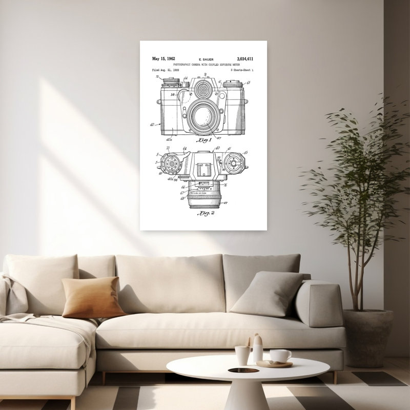 Appareil photo rétro, dessin industriel rétro, art mural rétro, H 60 po x l 40 po