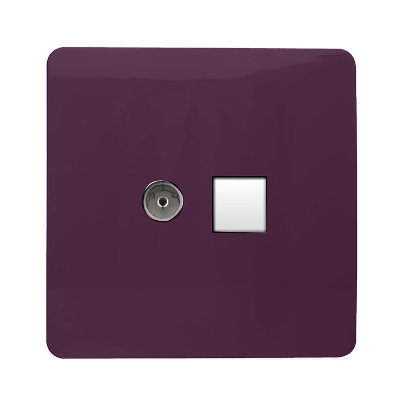 Trendi Switch 2 Gang Female TV Co-Axial & RJ45 Cat 5e PC Ethernet Sockets, Plum