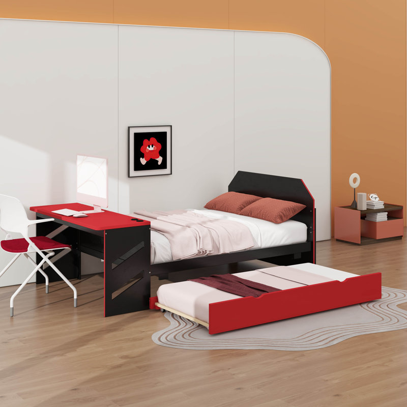 Lit de jour double en bois avec couchette, bureau et port USB, Rouge