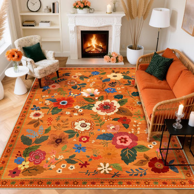 Motif floral 5 x 7 tapis lavable imprimé boho tapis mignon antidérapant fleur bas pour salon chambre cuisine bureau ferme - orange brûlé
