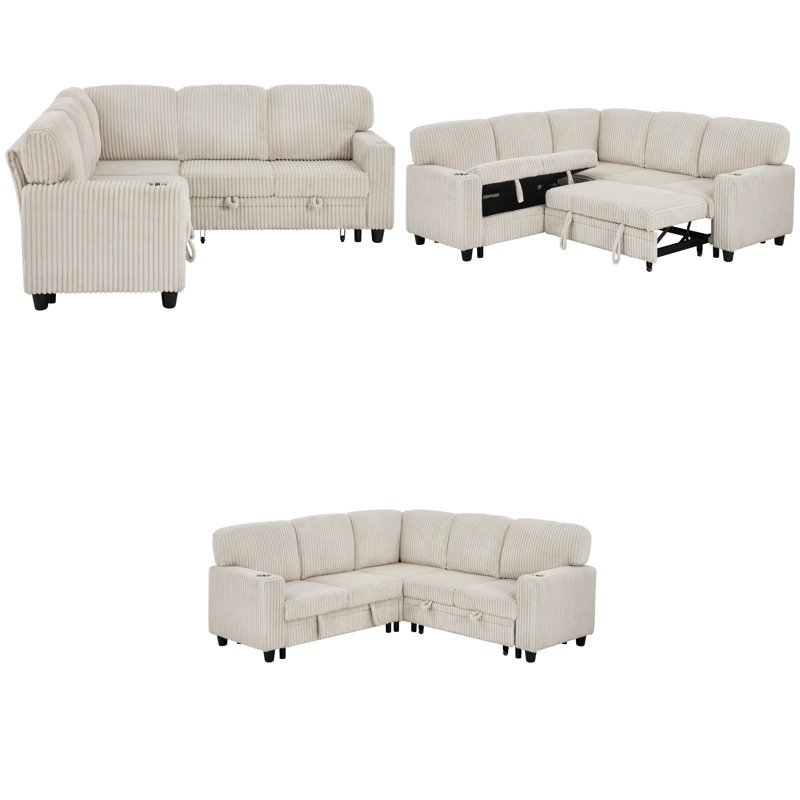 Pull-Out Queen Bed, Hidden 39"x23" Storage, USB-C + Cup Holders, Corduroy Wrap, 400 lb/Seat, Left/Right Bed Swap, 4-Carton Delivery