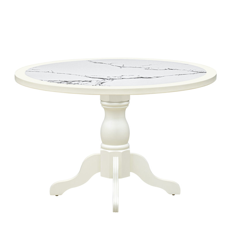 A Round Modern Kitchen Table with Lattice Marble Pattern tabletop, Linen White Finish, Linen White