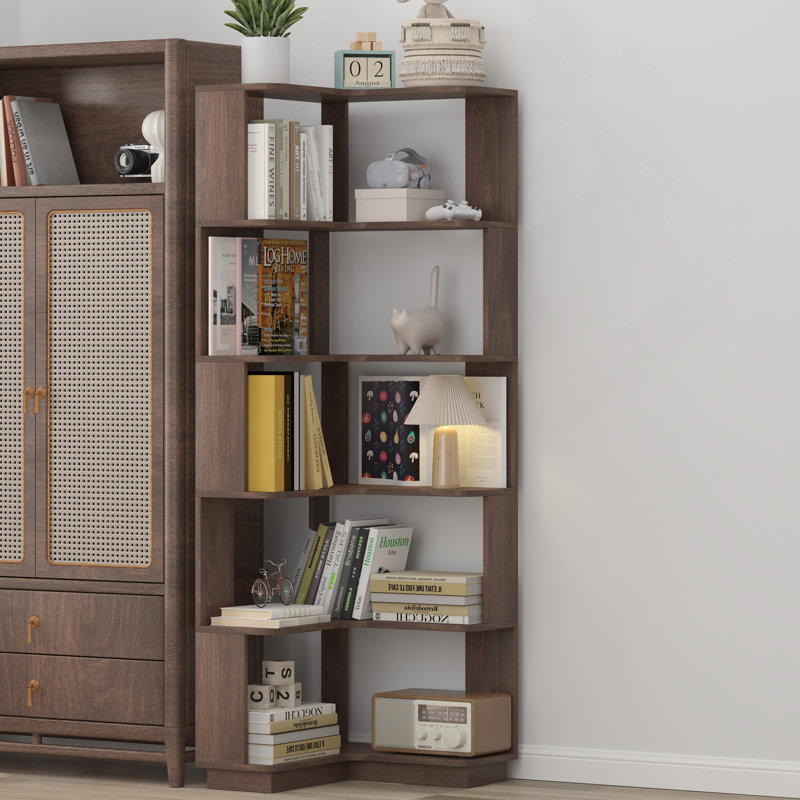 6 Tier Freestanding L-Shaped Corner Bookshelf For Living Room, Bedroom, Wooden Bookcase With Anti-Drop Panle & Anti Tipping Device, Display Shelf Open Storage Rack Organizer For Home Office DARK BROWN