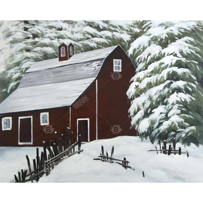 Red Barn In Snow Print On Canvas