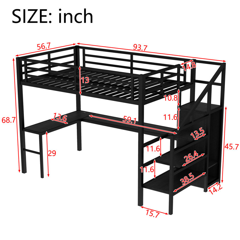Lit mezzanine en métal avec bureau en L, charge USB, lumière DEL, armoire et tablette réglable, cadre de lit mezzanine haut pour enfants, adolescents, adultes, lit d'étude peu encombrant, noir