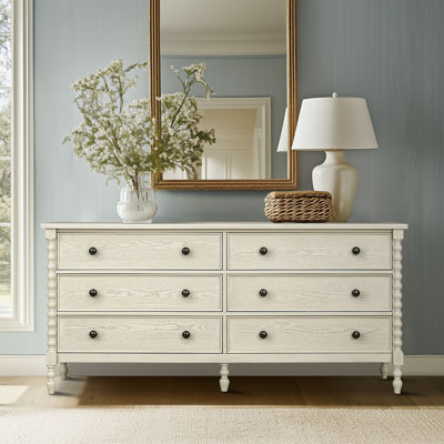 Beckett Antique Cream 6-Drawer Double Wide Solid Wood Dresser with Spindle Legs