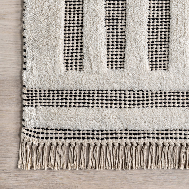 Merrick Tasseled Cotton and Wool Area Rug in Off-White and Gray