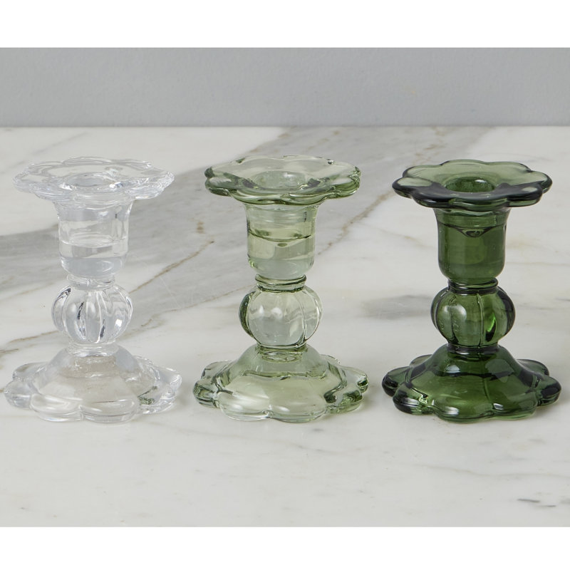 Glass Scalloped Candlesticks, Clear/Sage/Spruce