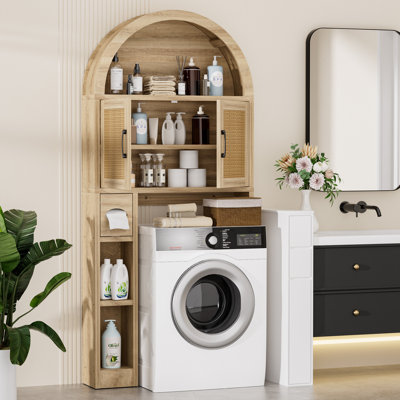  Over The Toilet Storage Cabinet, Freestanding Bathroom Organizer with Adjustable Shelf and Anti-Tip Device, Arched Cabinet with Doors, Space-Saving Toilet Storage for Bathroom, Laundry, Mini Bar