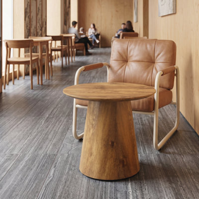 Table basse ronde en panneau de fibres à densité moyenne avec grain de bois naturel - 19,6 po de diamètre, hauteur de 18,8 po.