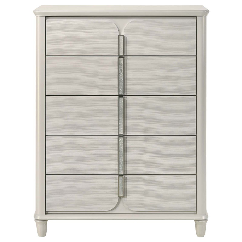 Commode 5 tiroirs Laveda, finition blanc perle