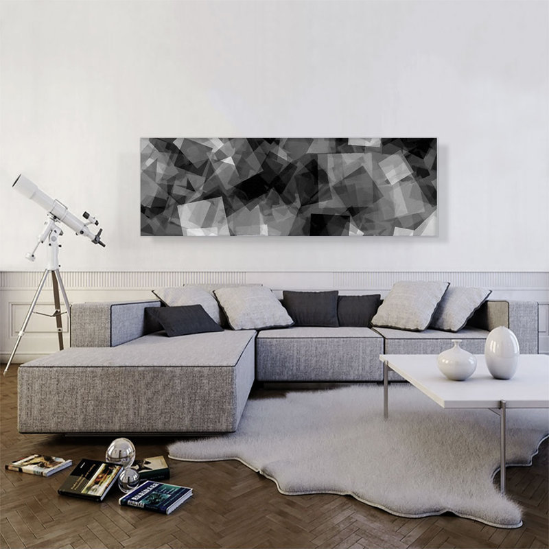«Black Grey White Squares Modern», reproduction d'art sur toile panoramique, H 20 po x l 60 po x P 1,5 po
