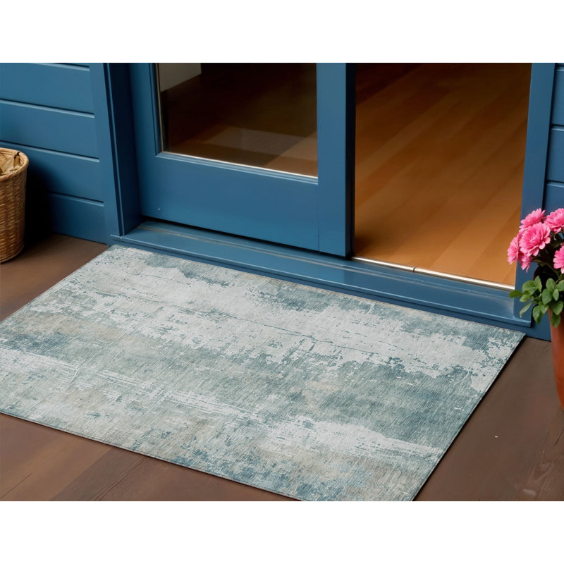 Tapis extérieur lavable abstrait turquoise et ivoire 3 pi x 5 pi