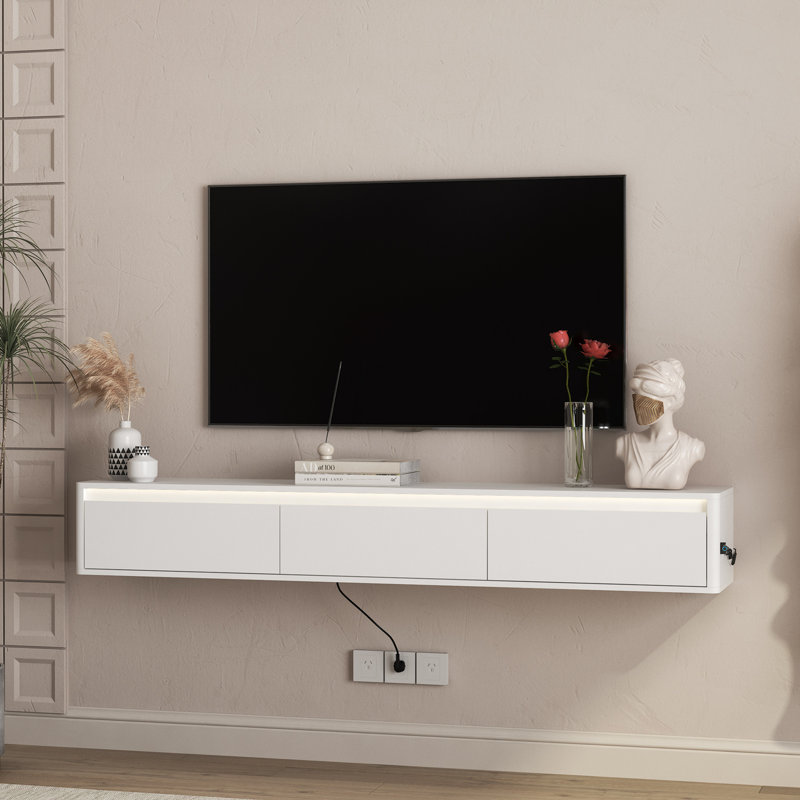 Meuble télé flottant, étagère murale avec lumières DEL et prise de courant, Blanc