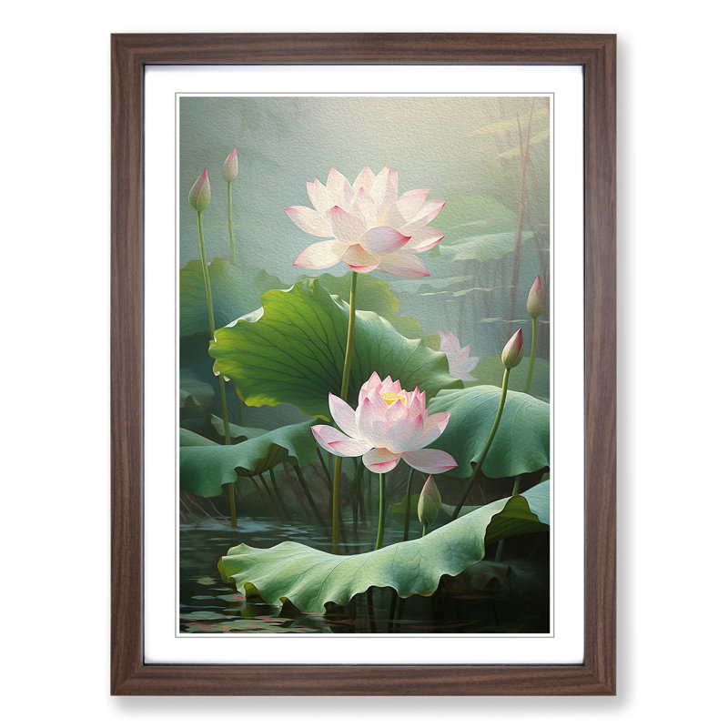 XYZ-FRM-V1223-4325 Lotus Flower Classicism No.2 - Single Picture Frame Print on Wood, 64cm H x 46cm W x 2cm D, Walnut