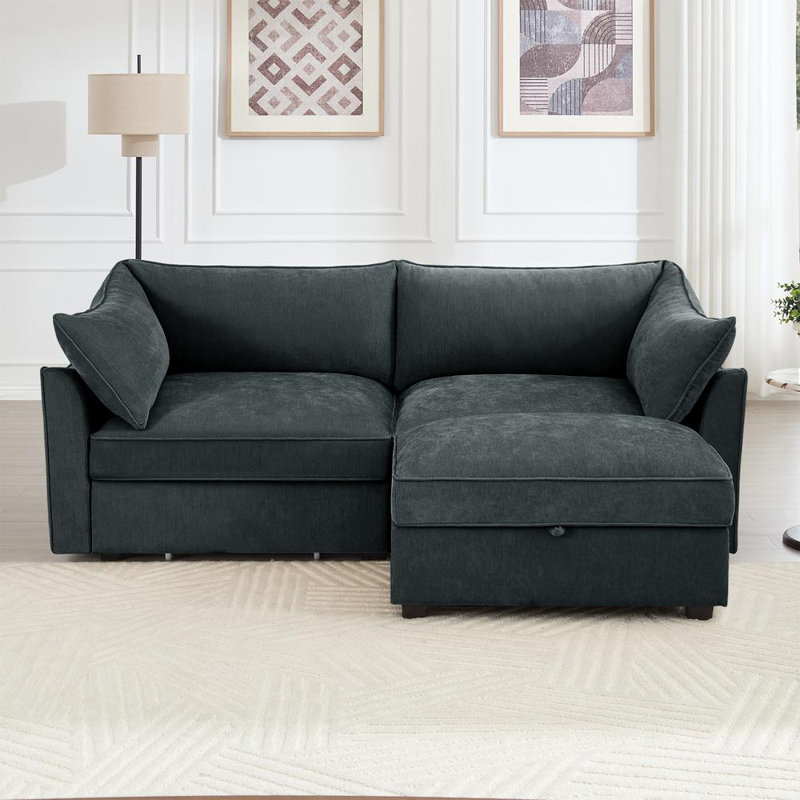 Chenille Upholstered 2-Seater Sofa with Under-Seat Pull-Out Storage and Ottoman, Green