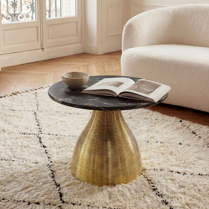 Round White Marble Coffee Table with Gold Aluminium Base, Black, Black / Gold