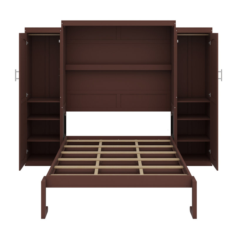 Lit escamotable en bois avec 2 garde-robe et tablette de rangement, Noyer
