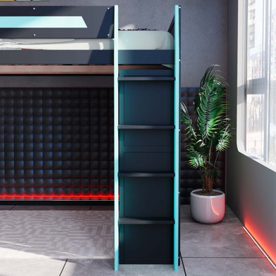 Gaming Loft Bed with Integrated Desk,Smart RGB LED Lights and USB Ports,Wooden High Bed with 6 Storage Cubbies,6 Drawers and Safety Staircase