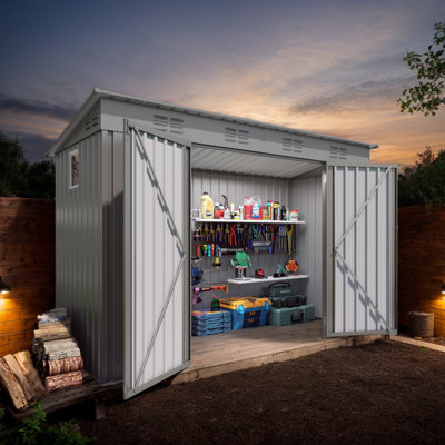 4 pi X 9 pi Remise de rangement, abri de jardin en métal avec toit incliné, 6 évents et 2 portes battantes, pour cour, jardin, patio, garage, pelouse