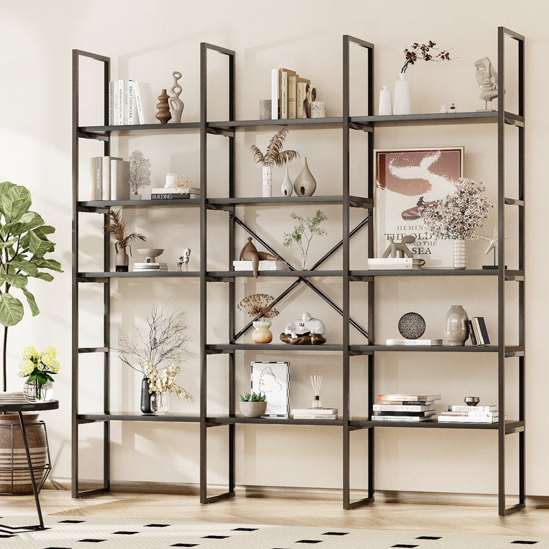 71 Inches Triple 5 Tier Book Shelf, Industrial Large Bookcase With Storage Cabinet Sturdy Metal Frame, Freestanding Display Shelving Unit
