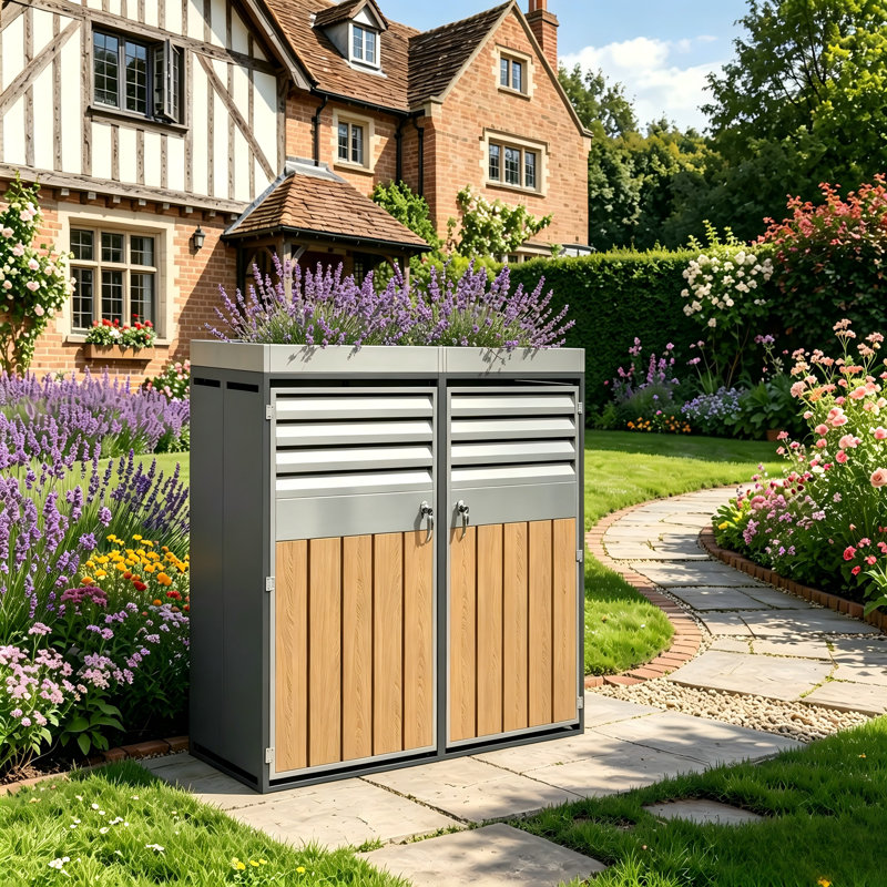 Wetherly Outdoor Trash Can Storage Box with 2 Lockable Doors, Ventilation & Top Planter,Wood Grain and Grey