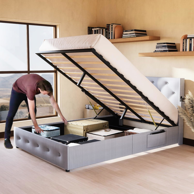 Lit escamotable avec rangement pour grand lit, Gris clair, Grand lit