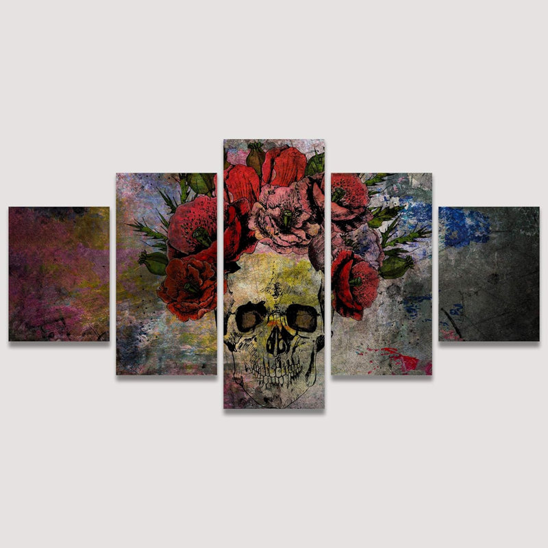 Crâne humain avec roses fleurs abstraites - impression sur toile tendue 5 pièces