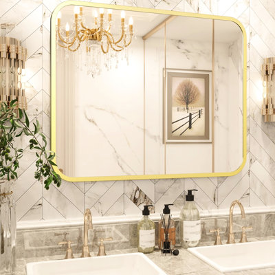 40" 32" Bathroom Mirror, Gold Rectangular With Round Corners, Rust Polymer Coated, Shatterproof, Elegant Reflection For Bedroom Vanity Mirror 32", Resin, Smooth