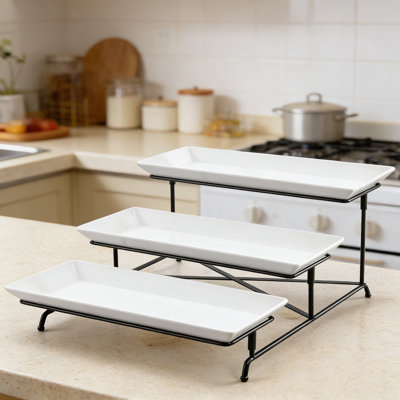 3-Tier Serving Tray Set With Collapsible Stand - Porcelain Tiered Serving Platters For Party, Entertaining, Food Display - Sturdy Cross Bars For Stability - Large Rectangular Trays For Desserts, Fruits, Appetizers