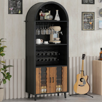 71" Tall Arched Bar Cabinet With Storage, Farmhouse Liquor Cabinet With Wine Rack And Wine Glass Holder, Freestanding Kitchen Pantry For Dining Room, Living Room, Black