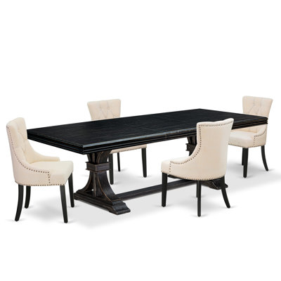 5-piece dining set includes a kitchen table and 4 Light Beige Linen Fabric kitchen chairs & black legs with Button Tufted Back - Sand Blasting Black finish.