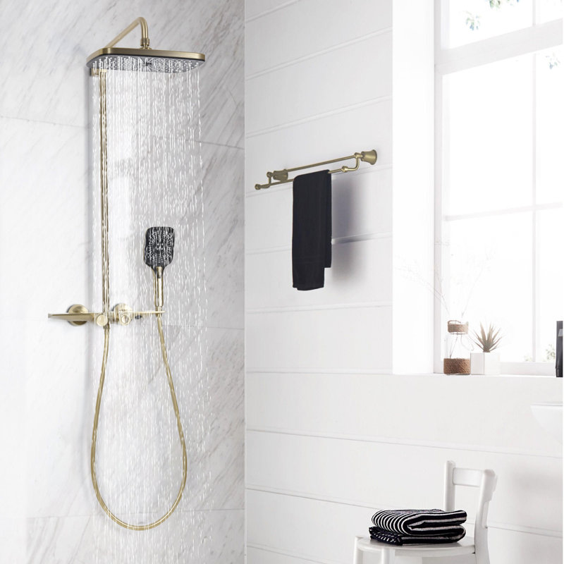 Système de douche mural complet thermostatique avec bec de baignoire, Or brossé