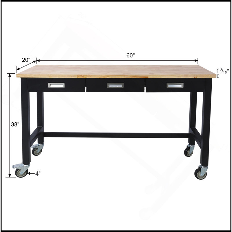 60In Work Bench, Workbench With Drawer Storage, Heavy Duty Work Table With Wheels For Garage Home Office