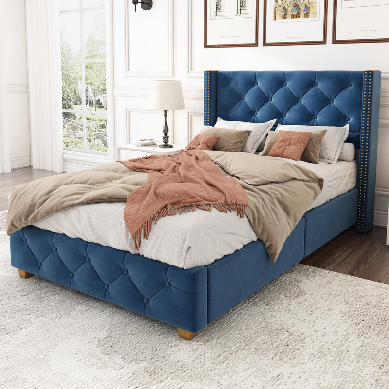 Doiron Upholstered Bed, Blue, European Kingsize (160 x 200cm)