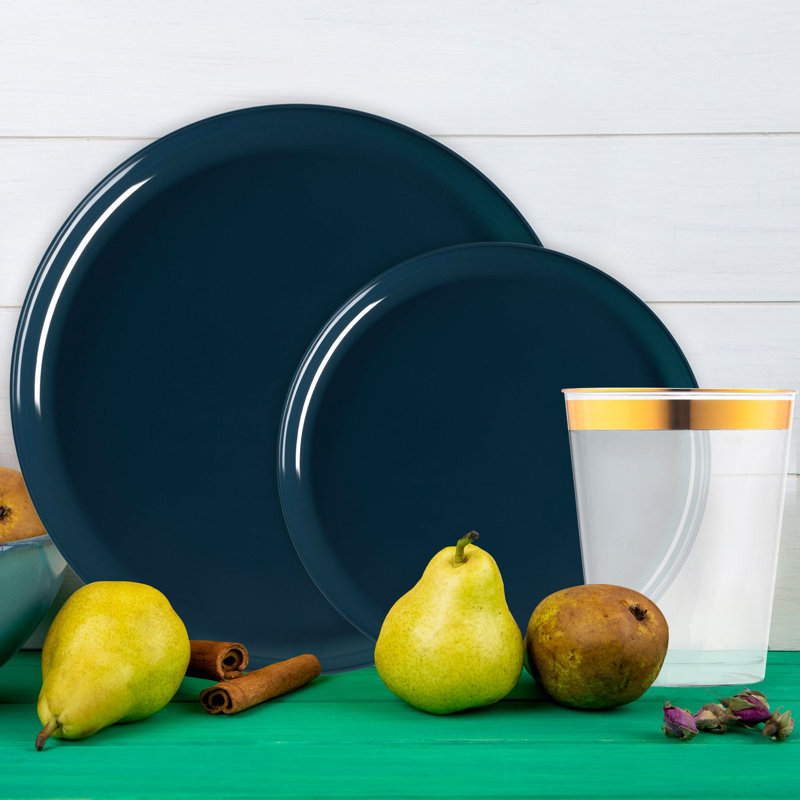 Navy Flat Round Disposable Plastic Tableware Set - 60 Settings
