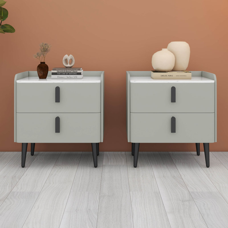 Ensemble de 2 tables de chevet modernes avec plateau en marbre et 2 tiroirs, Gris